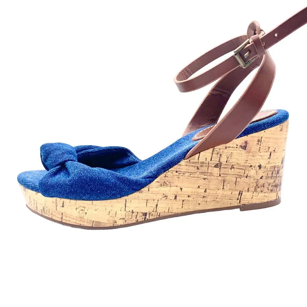 MIA Blue Denim Knot Espadrille Wedge Sandals Cork Size 8.5 Open Toe